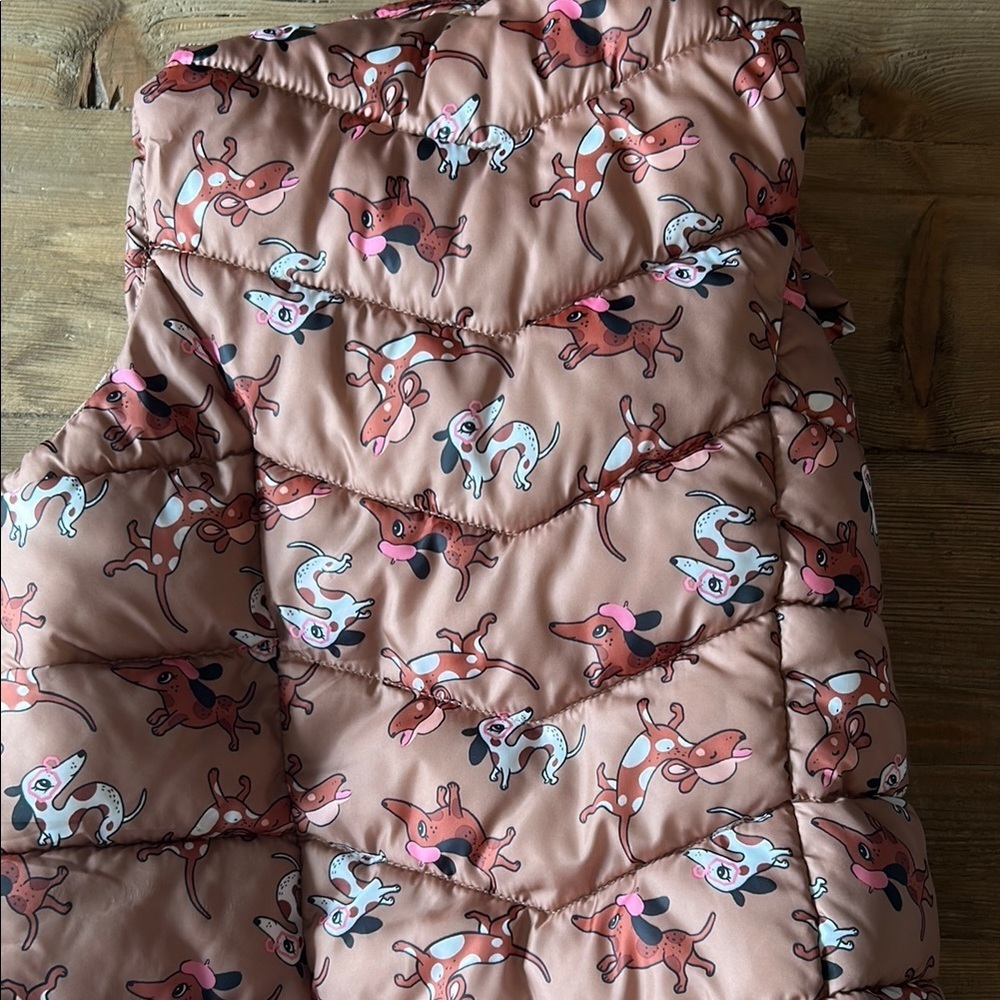 H&M Girls Pink Quilted Hooded Vest, Dog Pattern, 6X - 7 - Picture 3 of 4